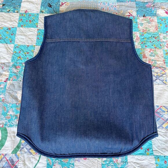 Vintage 70s Roebucks Sherpa Lined Dark Denim Vest Western Snap Button + Pockets - Picture 5 of 6